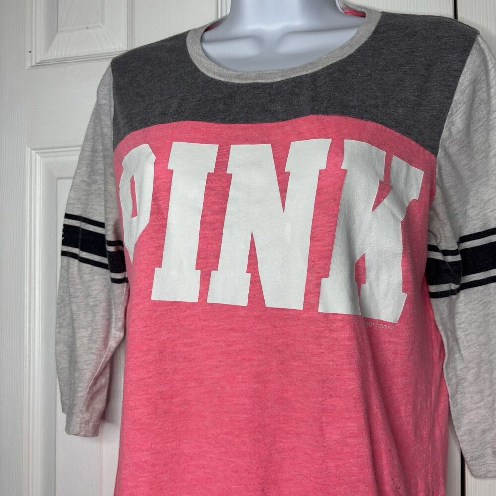 PINK Victoria’s Secret Medium Pink Gray Colorblock Logo Tee 3/4 Sleeve